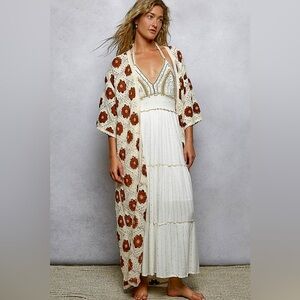 POL Open Front Floral Crochet Longline Cardigan